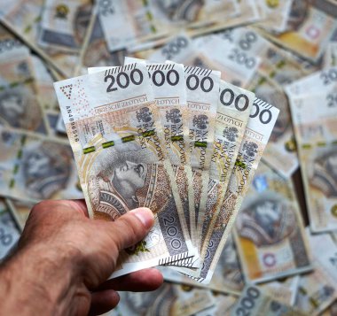 Beş yüz PLN banknot el ele tutuştu ve arka planda çok sayıda Polonya banknotları vardı. Yüksek kalite Polonya para birimi genellikle finans, tasarruf ve günlük işlemlerde kullanılır..