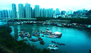 Nehirde yüzen tekneler ve suyun üzerinde uzanan bir köprü ile Hong Kong 'un panoramik manzarası. Şehir ormanı gelenek ve liman faaliyetleriyle karşılaşıyor..