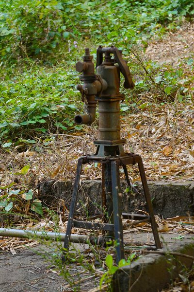 An old rural water hydrant with water gushing out, used for manual water pumping in the countryside. A rustic scene showing traditional village access to water.