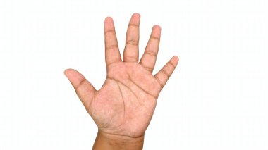 Çocuk eli beş parmak gösteriyor. Avuç içi görünüyor. Beyaz arkaplanda izole