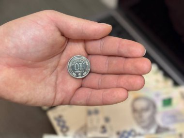 10-Hryvnia sikkesini tutan bir elin yakın çekimi. Bulanık arka planda, çeşitli Ukrayna banknotları görünür, para ve finansmanı sembolize eder.