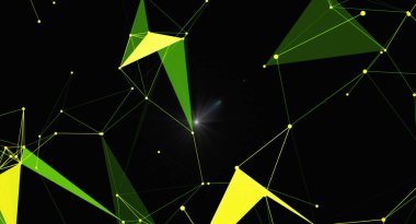 Soyut geometrik arkaplan. Siyah arka plandaki yeşil ve sarı çizgiler ve noktalar. Pleksus yapısı. Teknoloji geçmişi, yapay zeka, bilim. Yüksek kalite 3D görüntüleyici