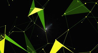 Yeşil ve sarı geometrik şekillerden oluşan dinamik bir ağ içeren modern bir soyut arkaplan, siyah bir zemin üzerindeki çizgiler ve noktalarla birbirine bağlanıyor. Tasarım, bir bağlantı, teknoloji ve gelecekteki yenilik duygusunu iletir..