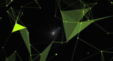 Karanlık bir arkaplan karşısında parlayan yeşil bağlantıları olan geometrik bir ağ içeren soyut bir arkaplan. Teknoloji, bilim ya da fütüristik kavramları resmetmek için mükemmel. Çokgen tasarım modern ve dinamik bir görsel yaratır..