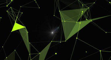 Siyah arka planda parlayan yeşil pleksus yapısına sahip fütürist soyut bir arkaplan. Bilim, teknoloji ya da dijital temalar için ideal. Resim birbirine bağlı çizgiler ve geometrik şekiller ile dinamik bir ağ efekti oluşturur.
