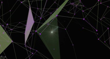 Karanlık bir arkaplan karşısında parlayan bağlantıları olan geometrik bir ağa sahip modern bir soyut arkaplan. Görüntü, teknolojinin gelişimini, bilimsel keşifleri ve dijital bağlantıyı çağrıştırıyor, kavramları aktarmak için uygun.