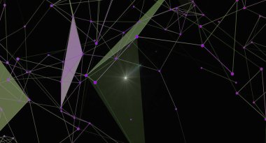 Bir ağ bağlantısının görsel olarak çarpıcı soyut bir çizimi. Koyu bir arkaplan karşısında birbirine bağlı çizgiler ve mor renkteki düğümler, geleceksel ve teknolojik bir his yaratıyor. Veri kavramlarını aktarmak için mükemmel