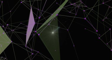 Soyut ağ bağlantılarının yer aldığı modern bir fütürist geometrik arkaplan. Tasarım, birbirine bağlı çizgiler, noktalar ve koyu bir zemin üzerinde mor ve yeşil renkli çokgenler içerir. Dijital teknolojiyi, bilimsel kavramları ve 