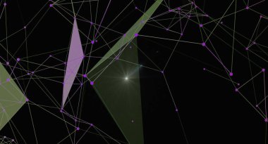 Işıklı soyut geometrik ağ arkaplanı. İç içe geçmiş çizgiler, noktalar ve mor, pembe ve yeşil tonlarda siyah bir zemin üzerinde çokgenler barındıran modern bir tasarım. Bilim, teknoloji veya dijital tasarım projeleri için ideal.