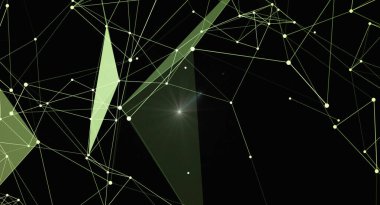 Parlak düğüm ve çizgilere sahip soyut pleksus arkaplanı, bir ağ veya bağlantı efekti oluşturur. Geometrik şekilli fütüristik teknoloji veya bilim konsepti, dijital illüstrasyon ve karanlık uzay arkaplanı.