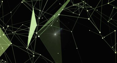 Birbirine bağlı çizgiler ve noktalardan oluşan ve çokgen şekiller ve üçgenler oluşturan soyut bir geometrik arkaplan. Bu modern tasarım bağlantılar, teknoloji, veri ve dijital iletişim öneriyor. Kavramları resmetmek için idealdir