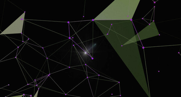 An abstract background featuring a network of interconnected polygons, lines, and dots against a dark backdrop. The design evokes a sense of technology, digital communication, and futuristic concepts with a bright spot in the center. Perfect for repr