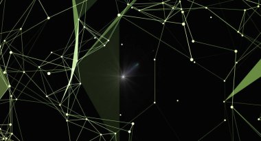 Karanlık bir arka planda parlayan bağlantıları olan soyut bir geometrik ağ. Bu resim, teknoloji, veri ve iletişimi temsil eden karmaşık bir çizgi ve noktalar ağı sergiliyor. Bir merkezi ışık kaynağı tasarıma bir odak noktası ekler, kreatin
