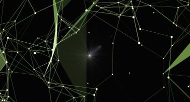 Birbirine bağlı çizgilerle soyut geometrik ağ ve siyah arkaplan üzerinde merkezi ışık parıltısıyla noktalar. Bağlanabilirlik, teknoloji ve modern bilim kavramlarını gözler önüne serer.