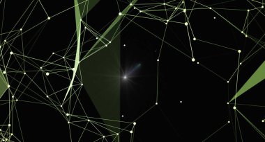 Bu resim, parlayan ışığın merkezi bir noktasıyla vurgulanmış, karanlık bir uzayda soyut bir ağ bağlantı yapısını belirtir. Tasarım, arka plan ve kavramsal görseller için uygun teknoloji, bilim ve dijital bağlantı temaları iletir
