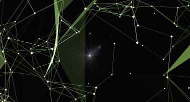 Çizgilerle birbirine bağlı parlayan düğümlere sahip geometrik bir ağ içeren modern bir soyut arkaplan. Tasarım teknoloji, veri ve fütüristik kavramları çağrıştırıyor, parlak bağlantıları vurgulayan karanlık bir zemin ve merkezi bir ışık parlaması.