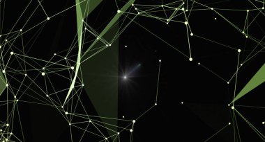 Merkezinde parlak bir yıldız patlaması bulunan, parlak yeşil çizgileri ve koyu arkaplandaki noktaları olan soyut bir pleksus ağı. Bu resim teknolojiyi, bağlantıları ve gelecekteki kavramları temsil ediyor..
