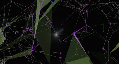 Geometrik şekiller, çizgiler ve noktalarla bir ağ bağlantısı içeren soyut bir arkaplan. Merkezi bir nokta parlıyor, derinlik ve karmaşıklık hissi yaratıyor. Teknoloji, bilim veya modern tasarım projeleri için ideal.