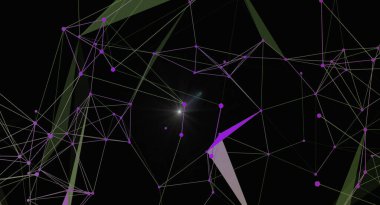 Bağlı çizgi ve noktalarla soyut pleksus arkaplanı. Karanlık bir arkaplanda geometrik şekillerle bir ağ bağlantısı. Teknoloji, bilim ve dijital kavramlar için mükemmel..