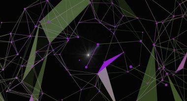 Bağlı çizgi ve noktalarla soyut pleksus arkaplanı. Bağlantı yapısı. Dijital ya da bilimsel illüstrasyon. Parlak elementleri ve üçgenleri olan karanlık bir arka plan. Modern teknoloji tasarımı.