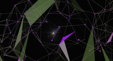 Karanlık bir arkaplan karşısında birbirine bağlı düğümler ve satırlar içeren soyut bir ağ bağlantısı arkaplanı. Geometrik tasarım fütüristik teknoloji, veri bağlantısı ve iletişimi çağrıştırıyor. İlgili kavramların resmedilmesi için uygun