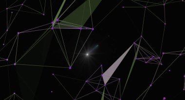 Siyah bir zemin üzerinde birbirine bağlı çizgiler ve noktalardan oluşan modern bir soyut arkaplan. Tasarım, merkezi ışık patlaması ile geliştirilen çokgen ve geometrik şekilleri içererek geleceksel ve teknolojik bir estetik oluşturur. İdeal