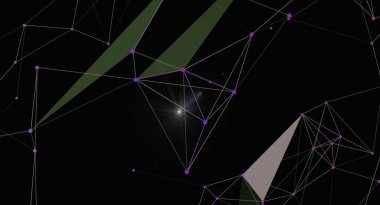 Siyah bir zemin üzerinde mor düğümleri ve birbirine bağlı çizgileri olan soyut pleksus ağı. Teknoloji, veri bağlantısı, iletişim ve geleceksel tasarım gibi kavramları temsil eder. Bilim, teknoloji veya modern tasarım projeleri için ideal.