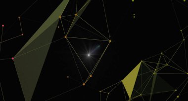 Çizgiler ve çokgenlerle soyut geometrik arkaplan. Renkli geometrik şekillere ve çizgilere sahip koyu arkaplan, pankart için modern tasarım, sunum, duvar kağıdı.