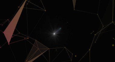 Birbirine bağlı çizgiler ve noktalardan oluşan, dijital iletişim ve teknoloji duygusu yaratan modern bir soyut arkaplan. Aydınlık bir ışık noktası, karanlık bir arkaplana karşı merkezi bir odak noktası olarak hizmet eder.