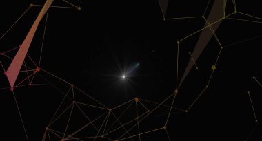 Merkezi ışık kaynağı ile soyut ağ bağlantısı. Koyu arkaplanda parlayan noktalar ve çizgiler olan çokgen bir yapı. Verileri, teknolojiyi, iletişimi ve yeniliği temsil eder. Bilim, dijital ve gelecekteki temalar için ideal.