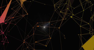 Ağ bağlantı hatları ve parlayan düğümlerle soyut arkaplan. Teknoloji, bilim, veri iletişimi ve gelecekçi kavramları temsil ediyor. Dijital tasarımlar, web siteleri ve sunumlarda kullanmak için ideal.
