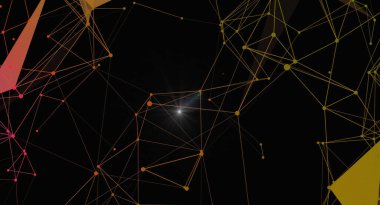 Parlayan düğümler ve geometrik şekillerle bir ağ bağlantısı içeren soyut bir illüstrasyon. Görüntü teknoloji, veri, dijital iletişim ve bilimsel gelişim temalarını iletir. Ön plan veya görsel öge olarak kullanılabilir