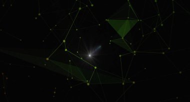 Koyu arkaplanda soyut bir yeşil ağ tasarımı. Birbirine bağlı çizgiler ve parlak merkezi bir işaret fişeği ile noktalar. Görüntü, teknoloji, iletişim ve geleceksel tasarım kavramlarını çağrıştırıyor. Bu tasarım çeşitli dijital ve