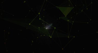 Karanlık bir arkaplana bağlı nokta ve çizgilerin yer aldığı soyut bir dijital illüstrasyon. Bağlantılar ağı fütüristik ve teknolojik bir his yaratır, parlak bir ışık parlaması görüntüye bir odak noktası ekler. Bilim için ideal.