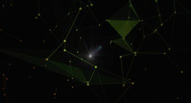 Siyah zemin üzerinde parlak merkezi bir parıltıyla yeşil bir pleksus ağ yapısı. Resim birbirine bağlı noktalar ve çizgiler içeriyor, karmaşık ve fütüristik bir his yaratıyor. Bilim, teknoloji veya soyut tasarım projeleri için ideal.