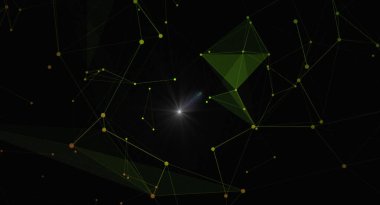 Birbirine bağlı nokta ve çizgilerden oluşan bir ağ içeren soyut bir arkaplan. Parlak bir merkezi nokta ışık yayar, bağlantıyı ve teknolojiyi sembolize eder. Renk paleti siyah arkaplandaki yeşil renkler tarafından yönetilir ve fütüristik ve di
