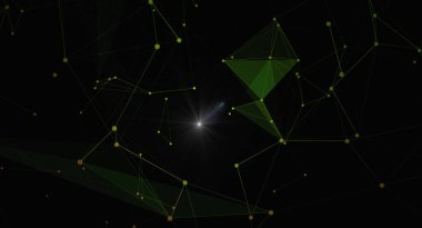 Parlayan yeşil düğümlerden oluşan bir ağ ve koyu bir arkaplan üzerinde çizgiler barındıran modern bir soyut tasarım. Geometrik desenler ve dijital hisler onu teknoloji, bilim veya gelecekçi projeler, bağlantı ve yenilikler için ideal kılar..