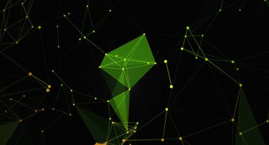 Yeşil ve sarı çizgiler, noktalar ve çokgenlerden oluşan soyut bir dijital ağ arkaplanı. Teknoloji, bilim ve iletişim tasarımları için ideal..