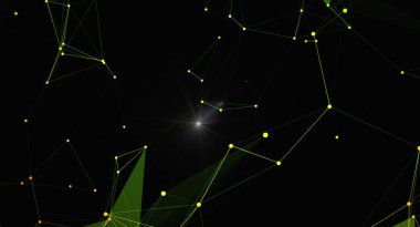 Parlak düğümleri ve çizgileri olan soyut ağ arkaplanı. Veri, teknoloji ve iletişim kavramı. Sunumlar ve dijital projeler için gelecek tasarım unsuru. Yüksek çözünürlüklü resimleme.