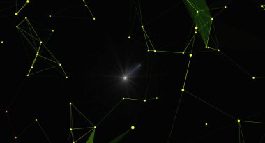 Karanlık bir arkaplanda soyut ağ bağlantıları. Bu görüntü parıldayan çizgiler ve noktalar içeriyor, bir bağlantı ve teknoloji hissi yaratıyor. Bilim, teknoloji veya iletişimle ilgili tasarımlarda kullanım için ideal.