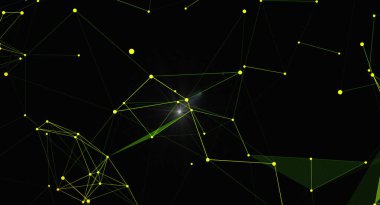 Ağ bağlantısı olan soyut teknoloji geçmişi. Dijital veri görselleştirme kavramı. Çizgilerle birbirine bağlı parlayan düğümler modern, fütüristik ve birbirine bağlı bir dünyayı temsil ediyor. Bilim, teknoloji ve iş konuları için ideal.