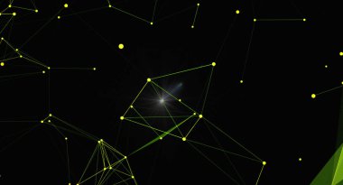 Parlayan sarı düğümler ve karmaşık bir ağ oluşturan yeşil çizgilerle soyut geometrik arkaplan. Bu görüntü modern dijital dünyada bağlantı, teknoloji ve veri akışını temsil eder. Yenilik, bilim ve fütürist taşımak için mükemmel.