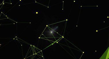 Siyah bir zemin üzerinde birbirine bağlı yeşil ve sarı düğümlerden oluşan bir ağ içeren soyut bir arkaplan. Bu dijital illüstrasyon fütüristik teknoloji, veri bağlantısı ve karmaşık iletişim ağlarını çağrıştırıyor. Bilim ve tekno için ideal.