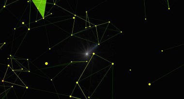Karanlık bir arkaplanda parlayan düğümlere sahip soyut ağ bağlantı yapısı. Dijital pleksus arka planı. Teknoloji, bilim veya tıbbi konsept için vektör illüstrasyonu. Bağlı çizgiler ve noktalar ile gelecek tasarımı.