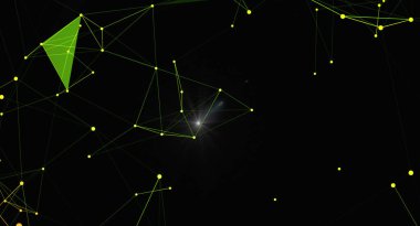 Siyah üzerinde yeşil noktalar ve çizgiler olan soyut bir arkaplan. Modern bir ağ ya da iletişim sistemini temsil ediyor. Çeşitli yaratıcı projeler ve sunumlar için fütüristik, teknolojik veya bilimsel bir zemin olarak kullanım için harika.