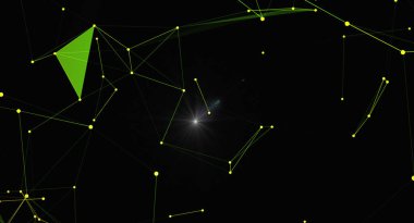 Ağ bağlantısı olan soyut bir arkaplan. Yeşil çizgiler sarı noktaları birleştirir, siyah arkaplan üzerinde geometrik desen oluşturur. Tasarım veri, teknoloji ve iletişimi temsil ediyor..