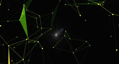 Soyut ağ bağlantısı arkaplanı. Resim, siyah bir arkaplan üzerinde çokgen bir yapı oluşturan çizgilerle bağlanmış parlayan düğümleri içerir. Teknoloji, veri bilimi, iletişim ve gelecek gibi kavramları temsil etmeye uygundur..