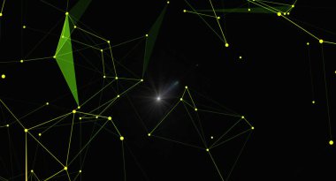 Bağlı çizgiler ve parlayan düğümlerle soyut pleksus arkaplanı. Bu resim, birbirine bağlı çizgilerle modern ve fütüristik bir tasarıma ve koyu bir arkaplana karşı canlı yeşil bir renge sahip noktalara sahiptir. Parlayan düğümler bir derinlik hissi yaratır.