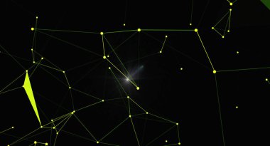 Parlak noktalar ve çizgilerle soyut ağ bağlantısı arkaplanı. Dijital teknoloji konsepti. Bağlı düğümlere sahip gelecekteki yapı, bilim, teknoloji veya iletişim temaları için harika.