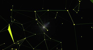 Ağ bağlantı çizgileri ve noktalarıyla soyut pleksus arkaplanı. Parlayan ışık efektleri olan gelecekçi teknoloji konsepti. Bağlı düğümler ve geometrik şekillerle dijital veri görselleştirmesi.